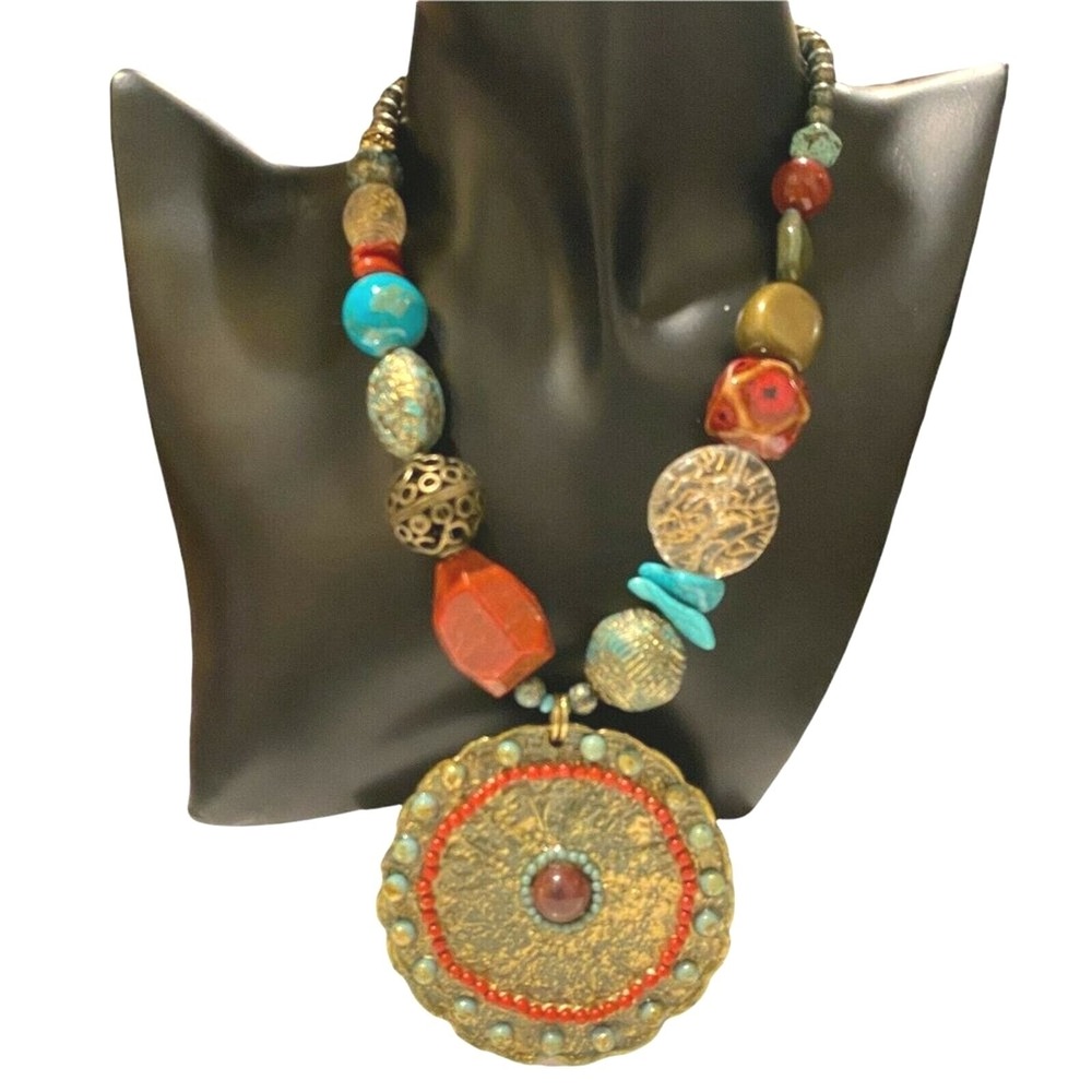 Treska‎ Medallion Pendant Necklace Multicolor Boho Beaded Statement Handmade